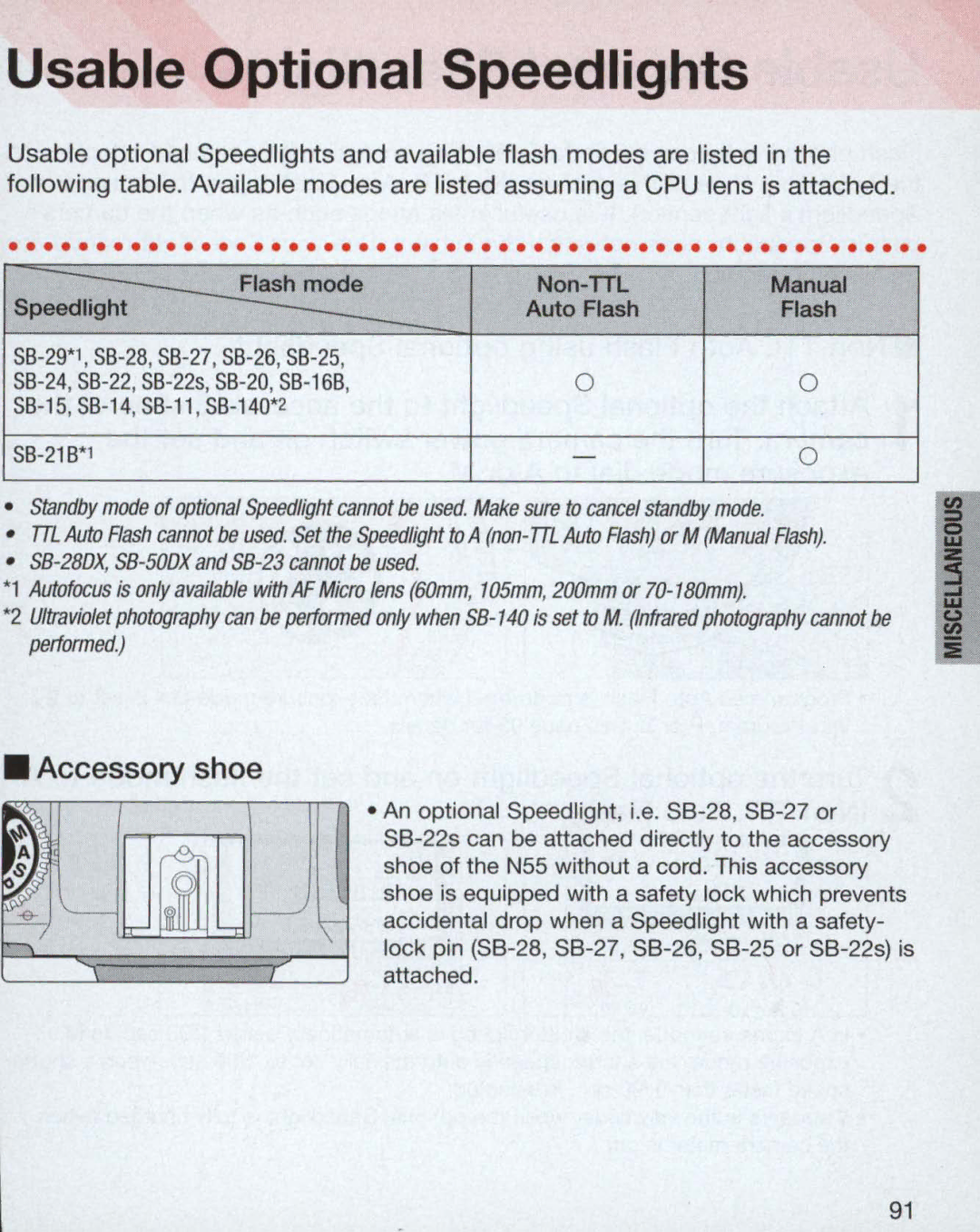 Nikon 3700, 3699, 55 instruction manual Usable Optional Speedlights, Non-TIL 