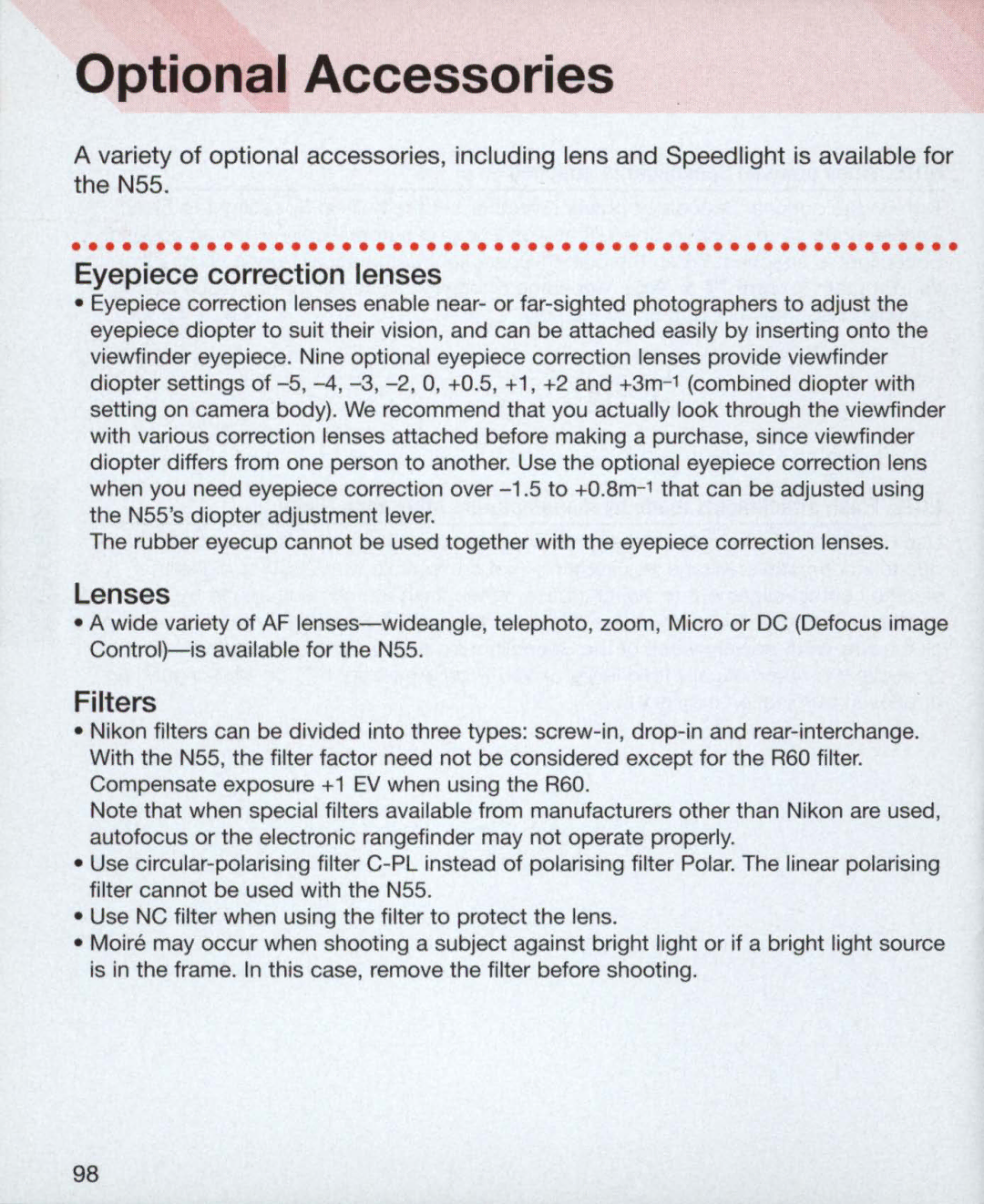 Nikon 55, 3699, 3700 instruction manual Optional Accessories, Eyepiece correction lenses 