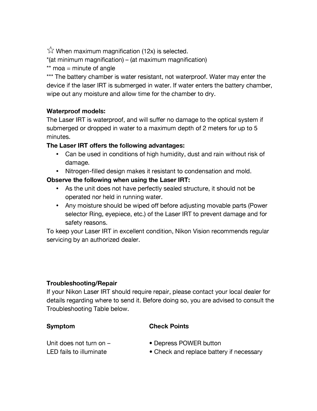 Nikon 4-12X42 Waterproof models, Laser IRT offers the following advantages, Observe the following when using the Laser IRT 