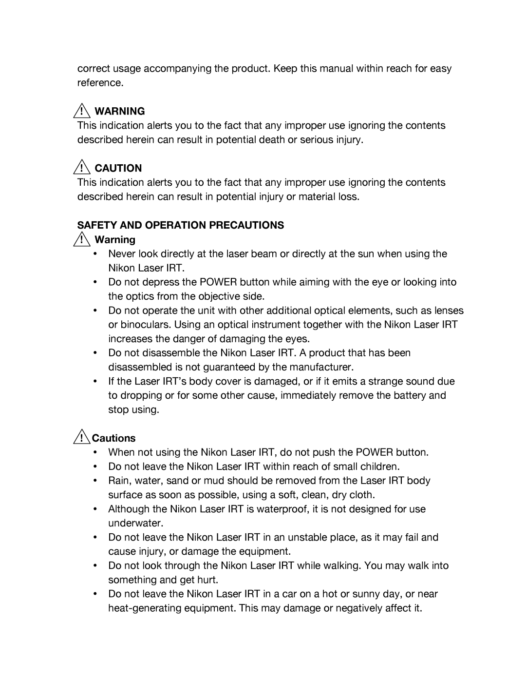 Nikon 4-12X42 instruction manual Safety and Operation Precautions 