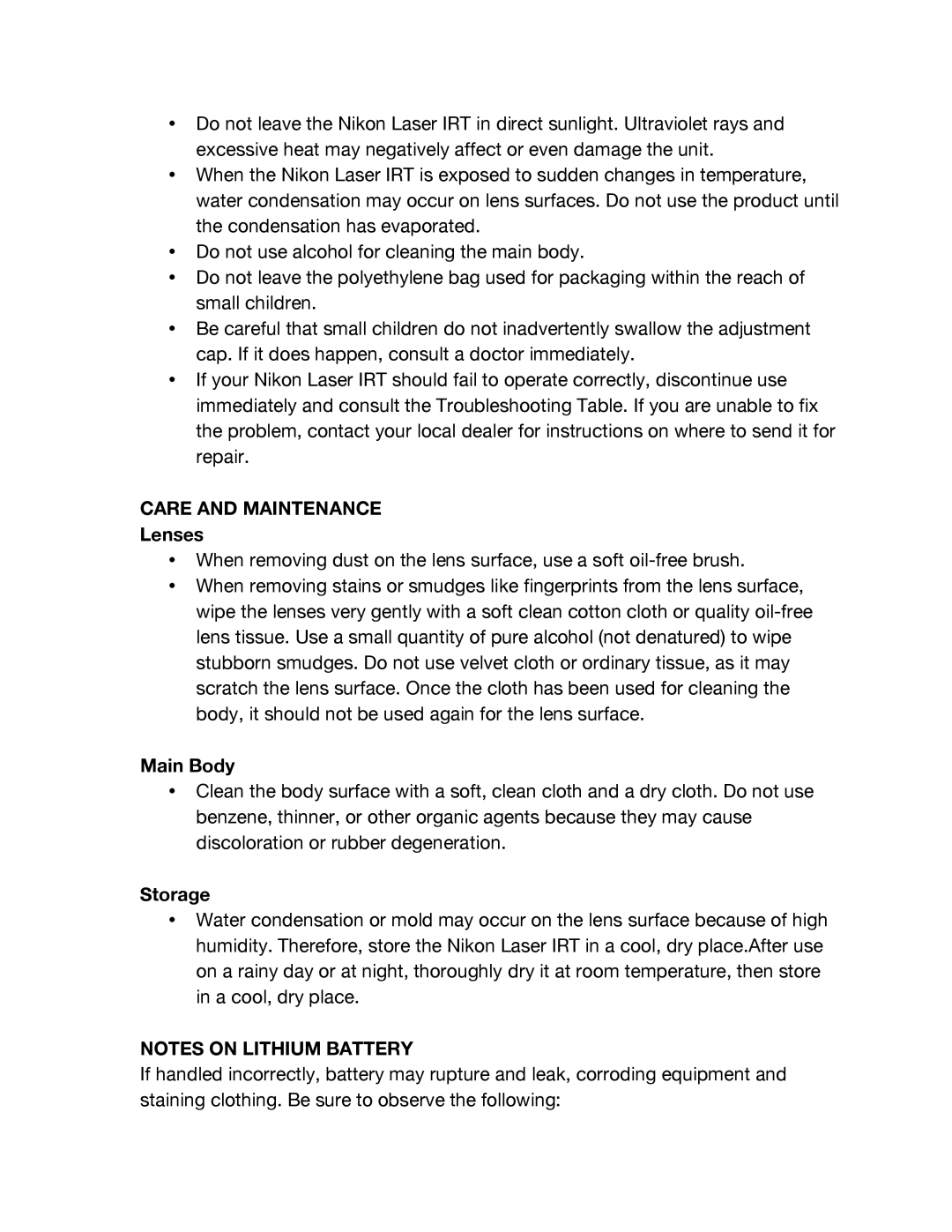 Nikon 4-12X42 instruction manual Care and Maintenance, Lenses, Main Body, Storage 