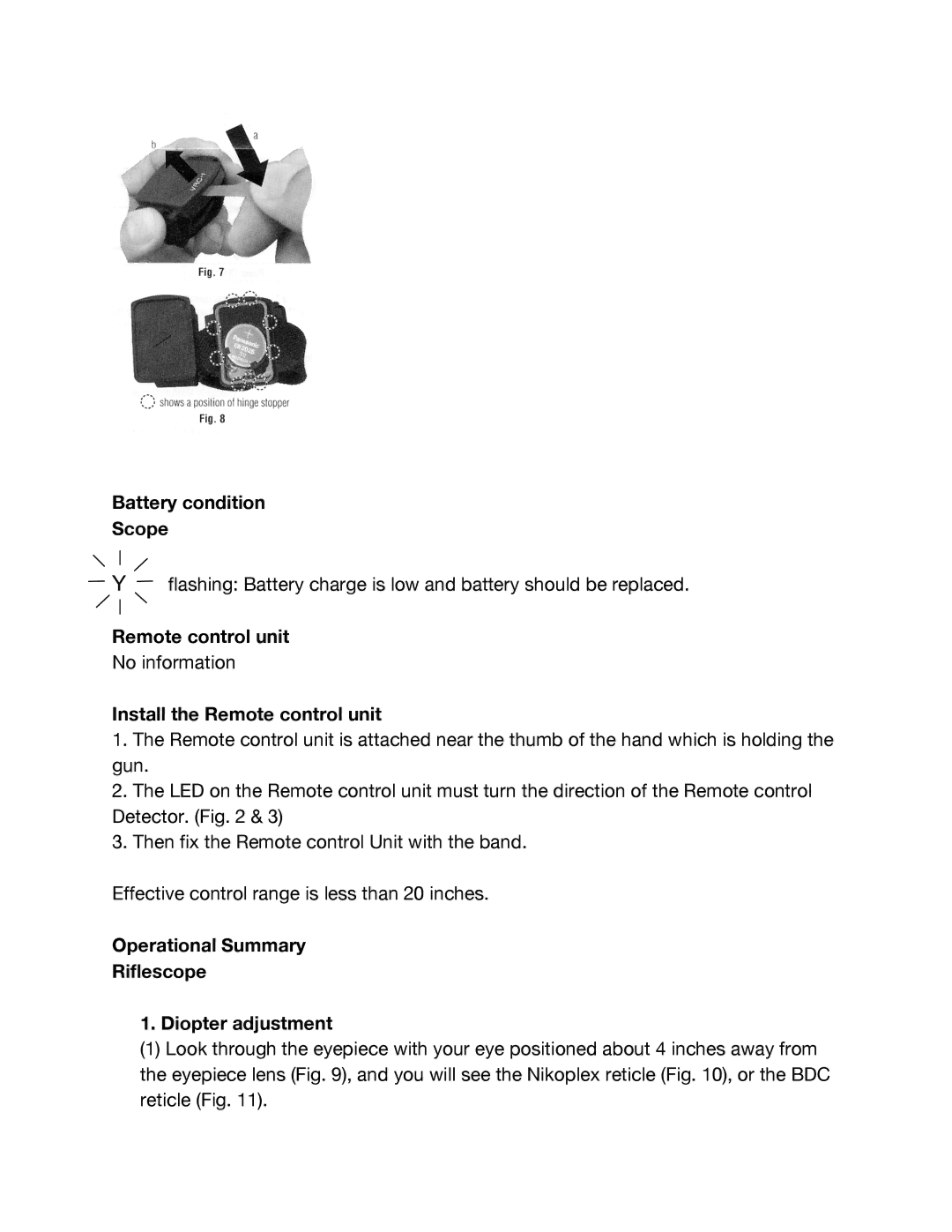 Nikon 4-12X42 Battery condition Scope, Install the Remote control unit, Operational Summary Riflescope Diopter adjustment 