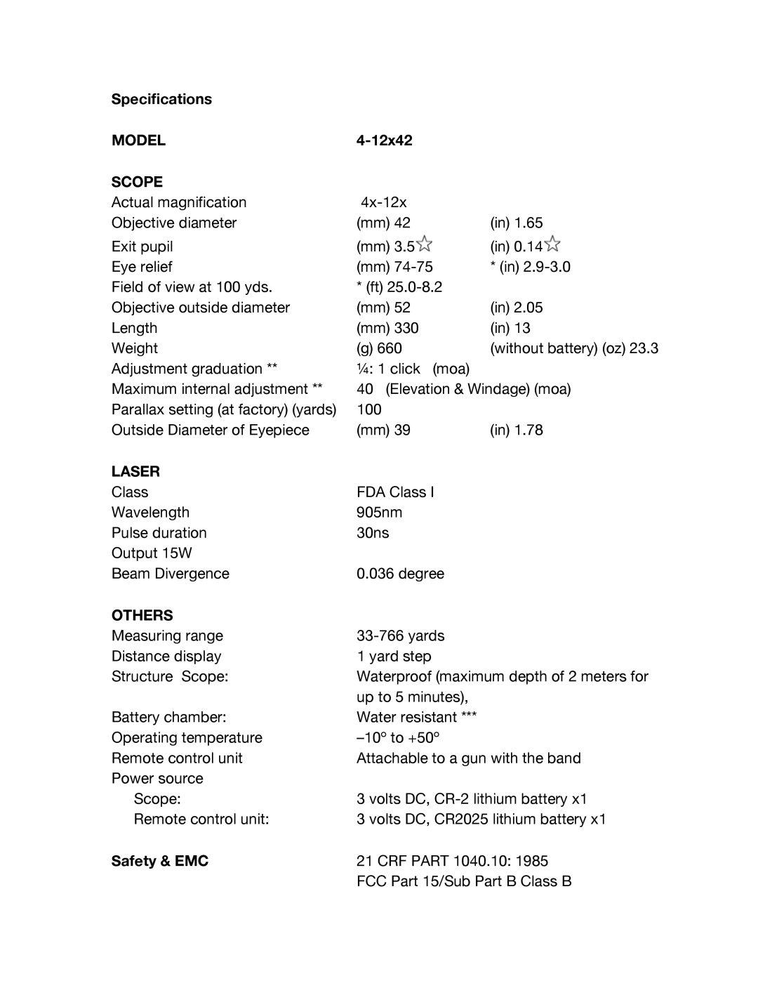 Nikon 4-12X42 instruction manual Specifications, Model Scope, Laser, Others, Safety & EMC 12x42 