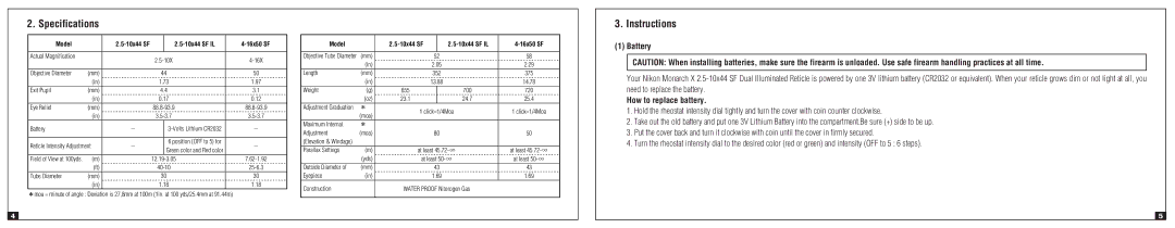 Nikon 4-16x50 SF, 2.5-10x44 SF IL instruction manual Specifications, Instructions, Battery, How to replace battery 