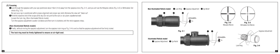 Nikon 4-16x50 SF, 2.5-10x44 SF IL instruction manual Focusing, Non-illuminated Reticle model, Lock Ring, Nikoplex Reticle 