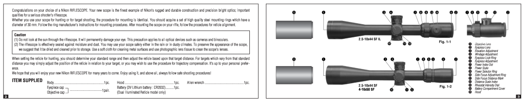 Nikon instruction manual Item Supplied, 2.5-10x44 SF IL, 4-16x50 SF 