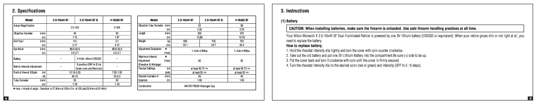 Nikon 4-16x50 SF, 2.5-10x44 SF IL instruction manual Specifications, Instructions, Battery, How to replace battery 