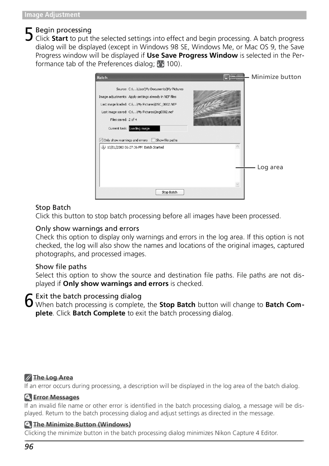 Nikon 4 user manual Log Area, Minimize Button Windows 