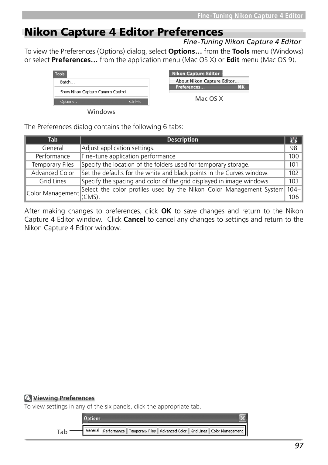 Nikon Nikon Capture 4 Editor Preferences, Fine-Tuning Nikon Capture 4 Editor, Tab Description, Viewing Preferences 