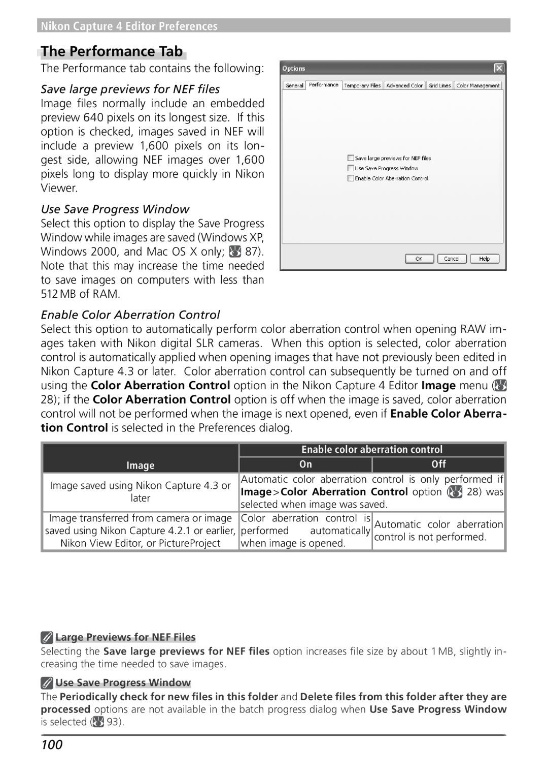 Nikon 4 Performance Tab, 100, Save large previews for NEF ﬁles, Use Save Progress Window, Enable Color Aberration Control 