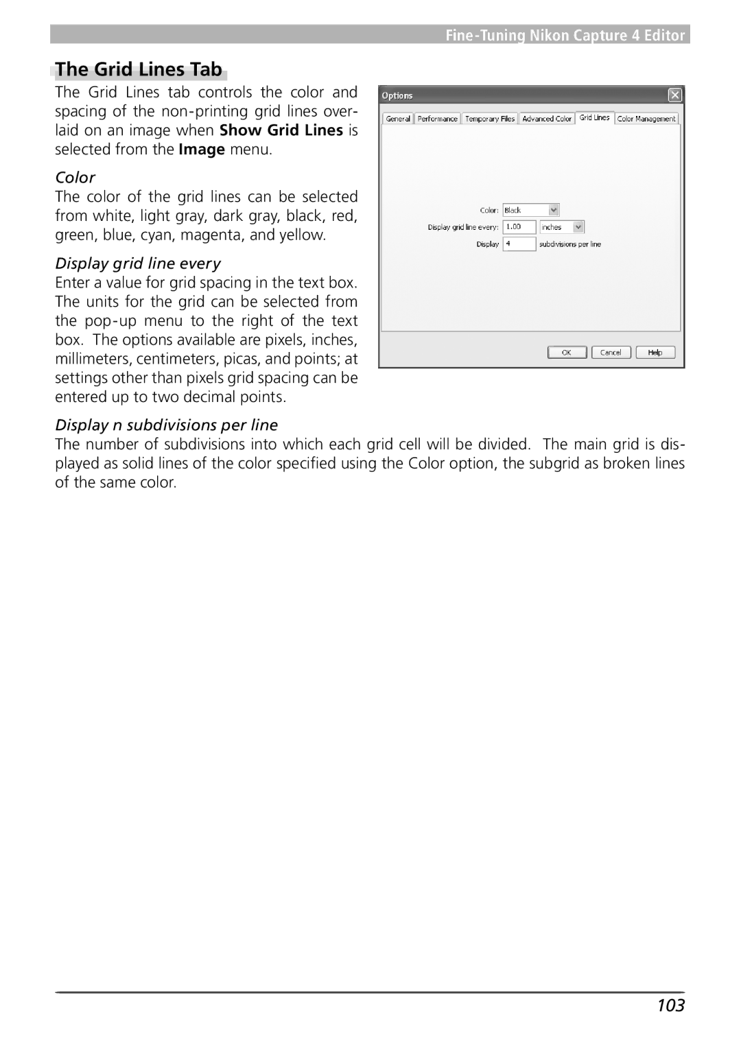 Nikon 4 user manual Grid Lines Tab, 103, Color, Display grid line every, Display n subdivisions per line 