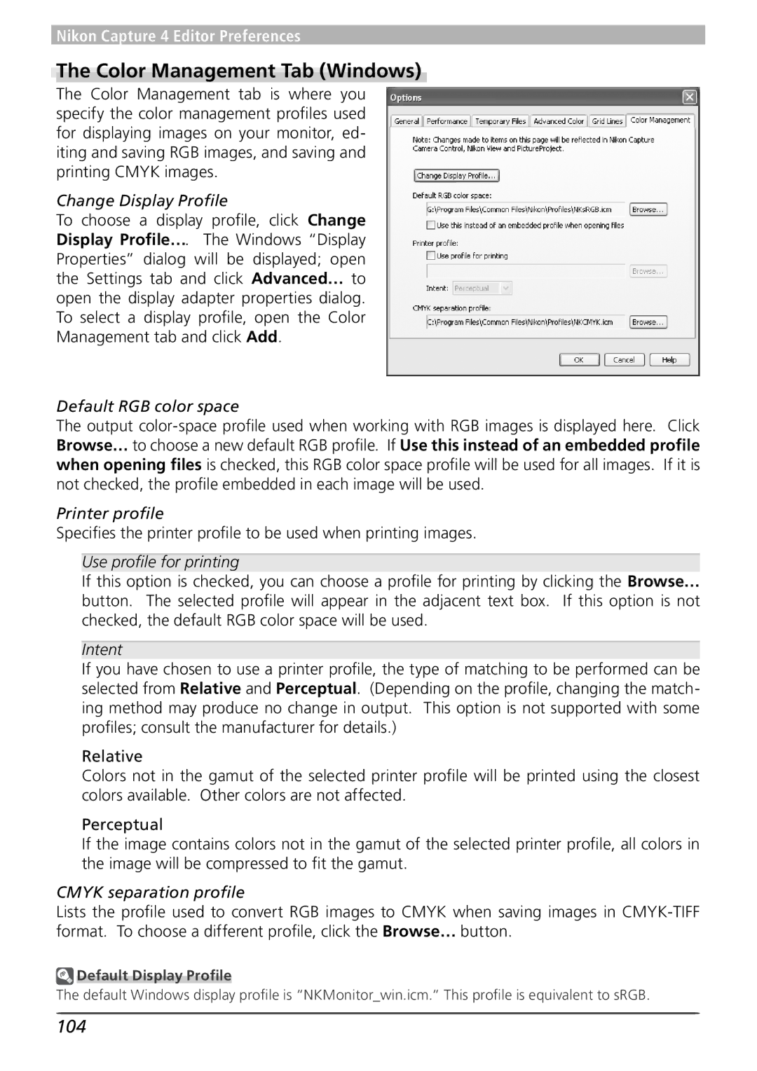 Nikon user manual Color Management Tab Windows, 104 