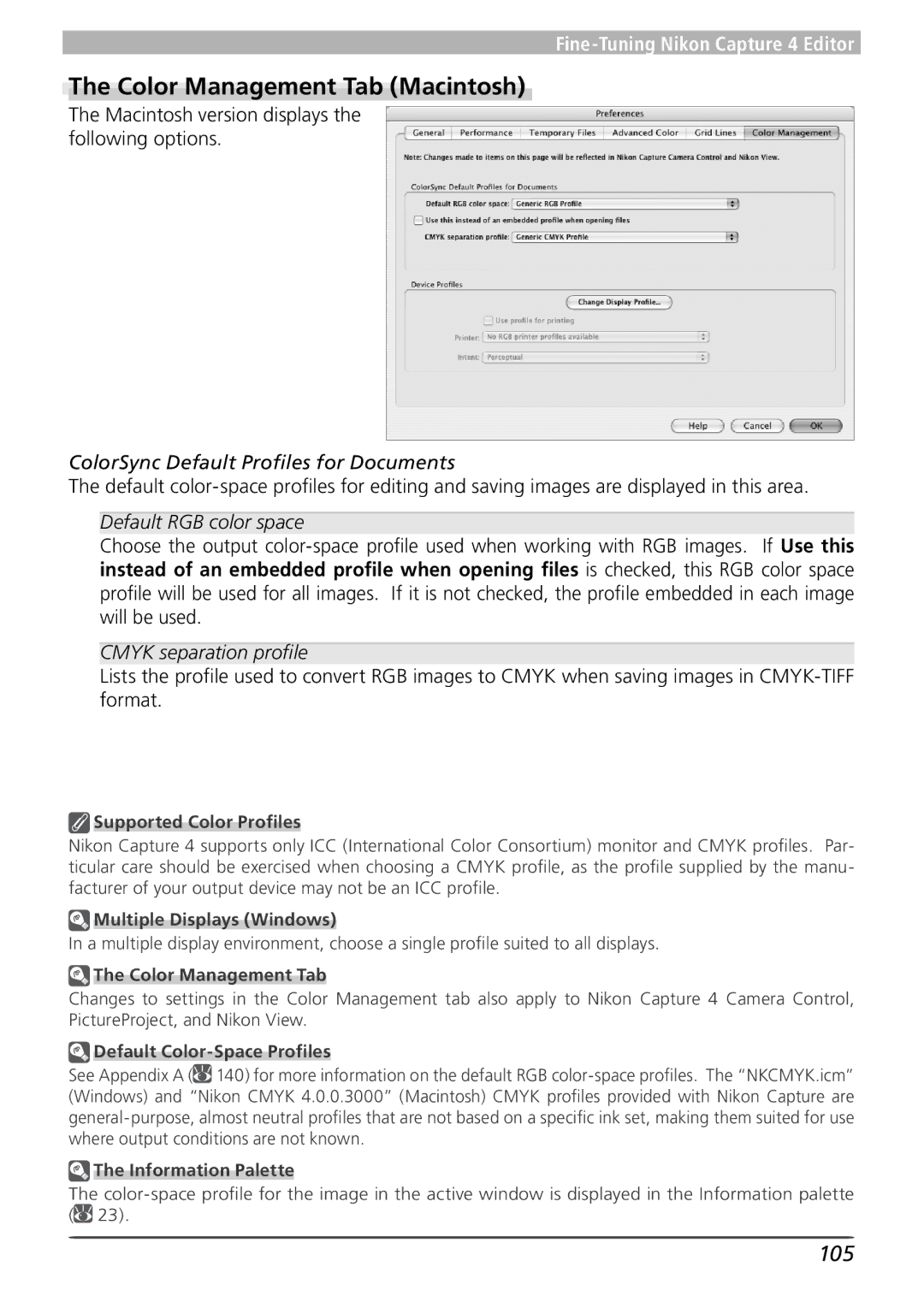 Nikon 4 user manual Color Management Tab Macintosh, 105, Macintosh version displays the following options 