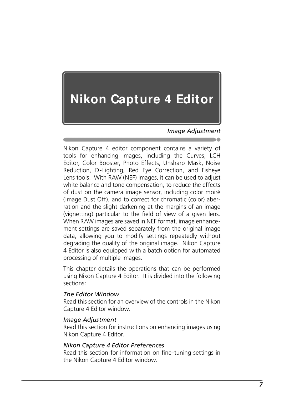 Nikon user manual Image Adjustment, Editor Window, Nikon Capture 4 Editor Preferences 