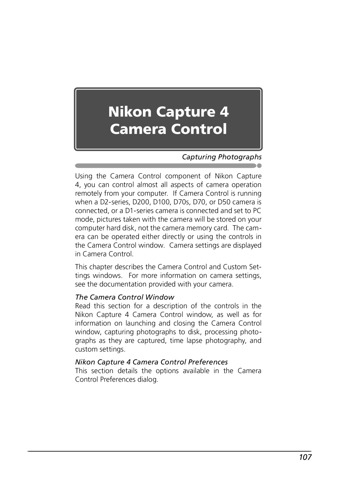 Nikon user manual 107, Capturing Photographs, Camera Control Window, Nikon Capture 4 Camera Control Preferences 