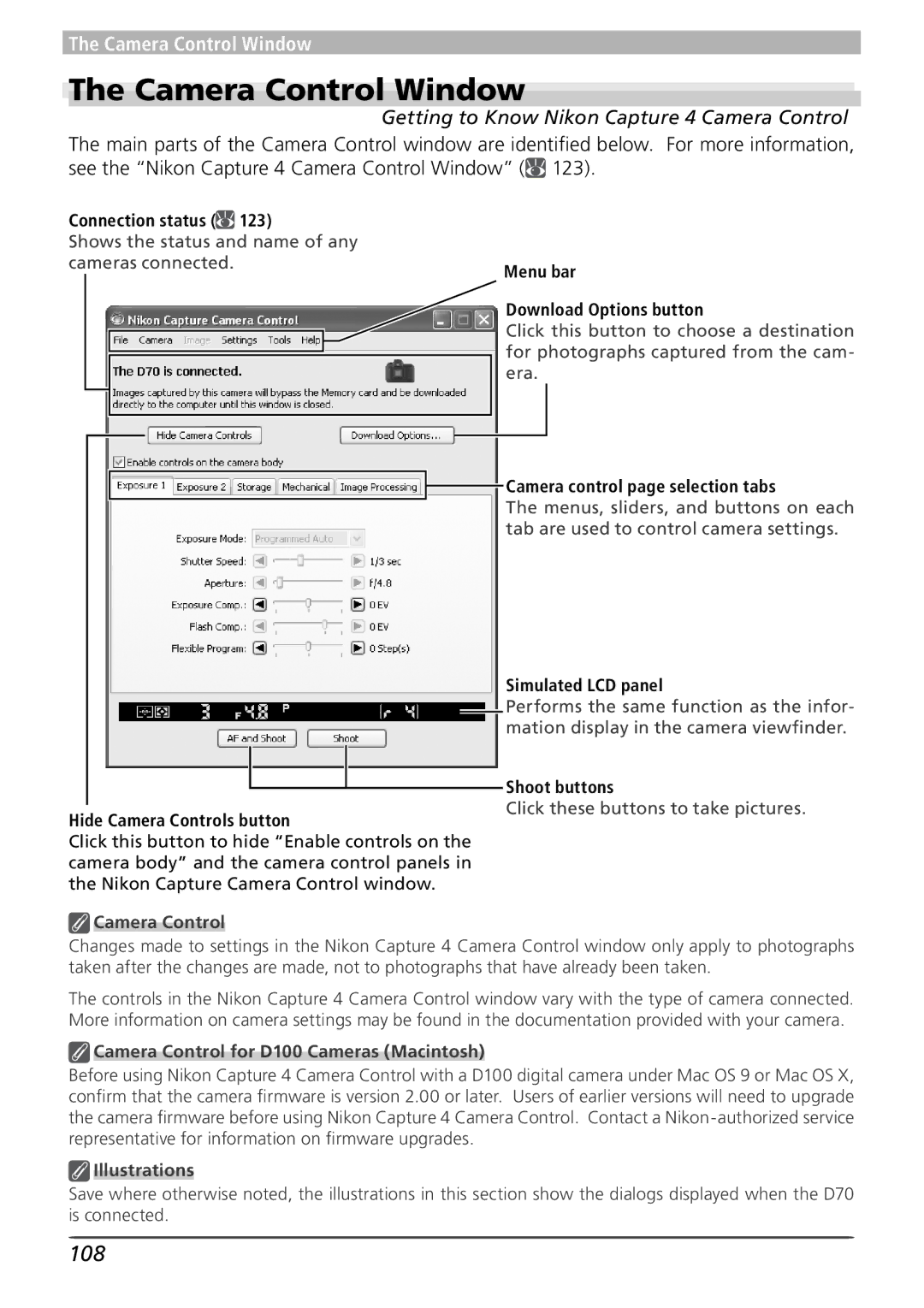 Nikon user manual Camera Control Window, 108, Getting to Know Nikon Capture 4 Camera Control 