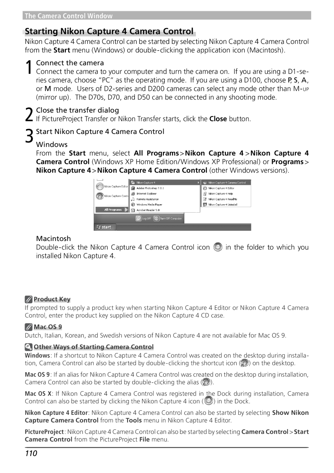 Nikon Starting Nikon Capture 4 Camera Control, 110, Connect the camera, Other Ways of Starting Camera Control 