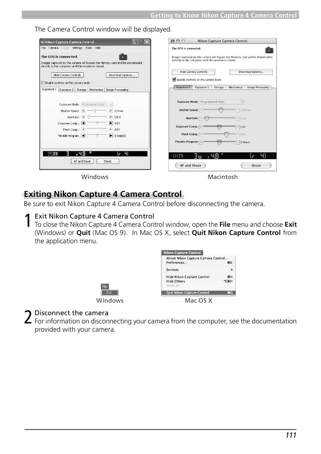 Nikon user manual Exiting Nikon Capture 4 Camera Control, 111, Camera Control window will be displayed 