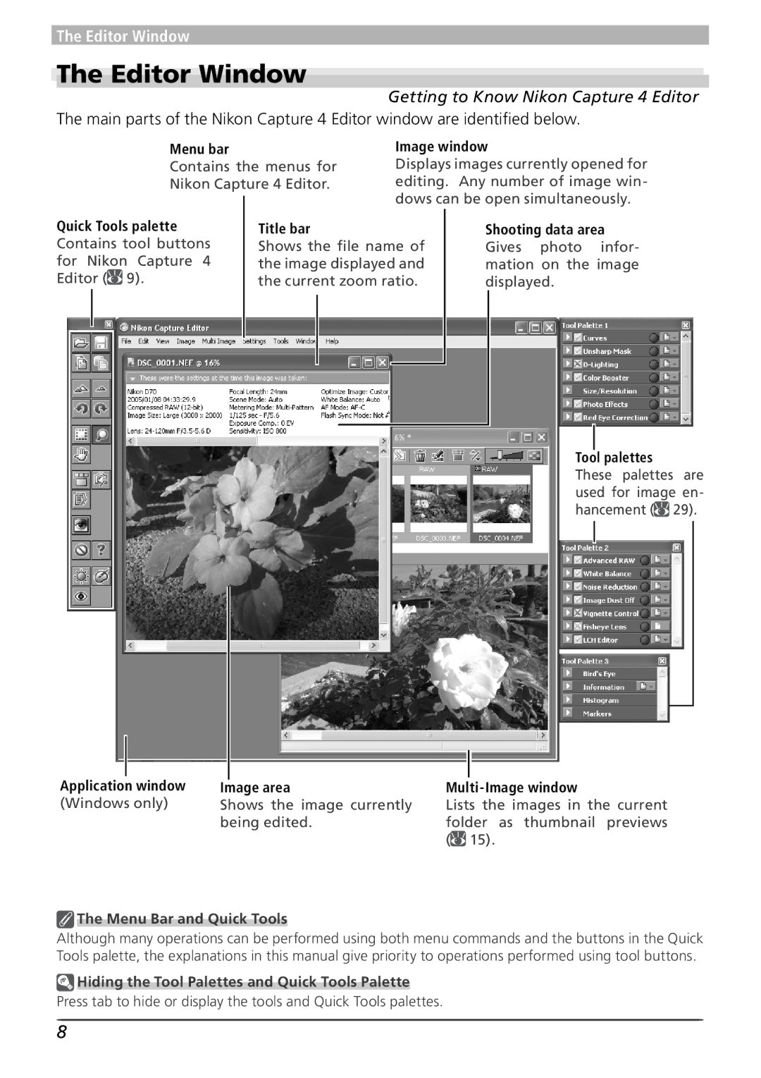 Nikon user manual Editor Window, Getting to Know Nikon Capture 4 Editor 