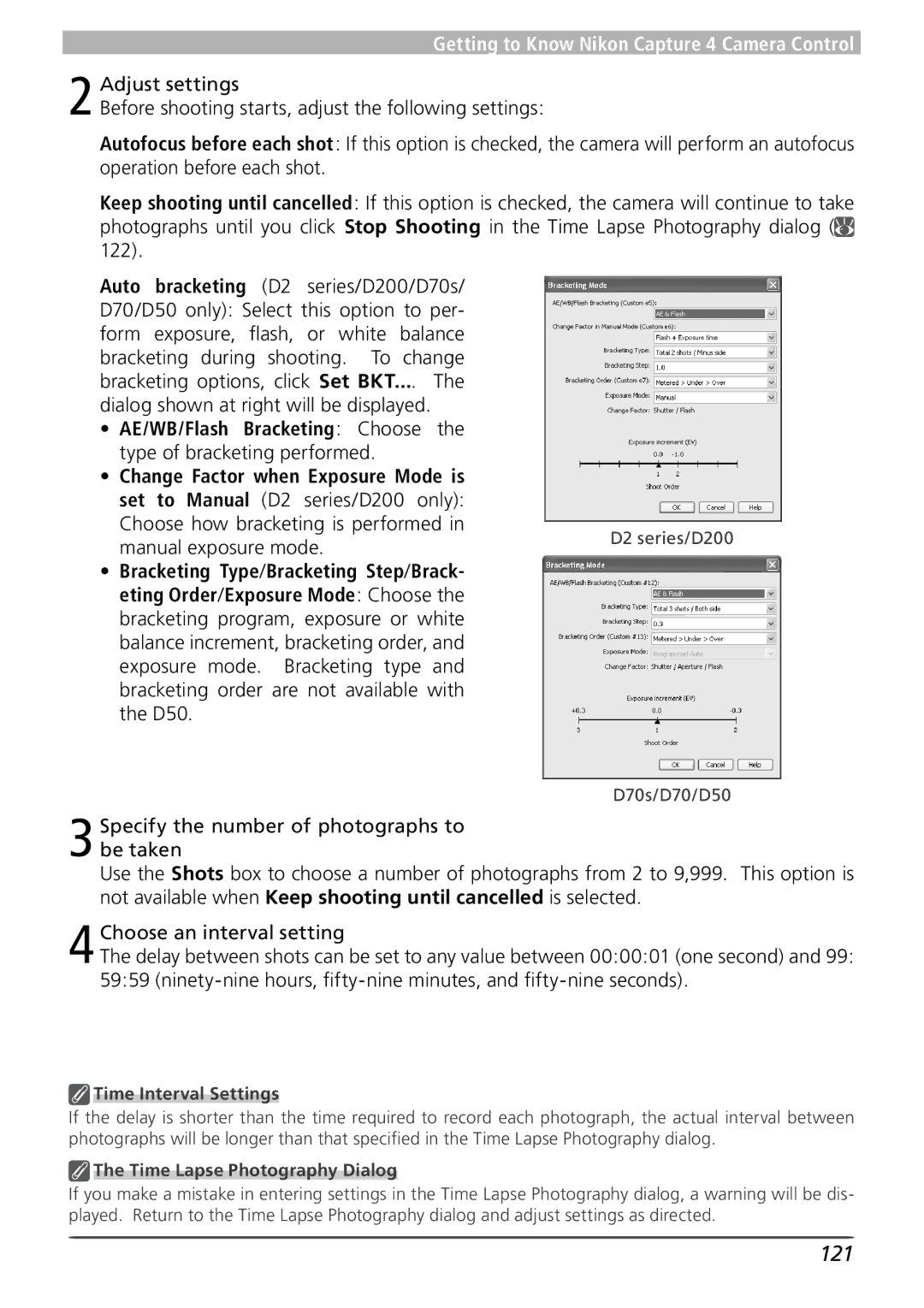 Nikon 4 user manual 121, AE/WB/Flash Bracketing Choose, Type of bracketing performed, Manual exposure mode 