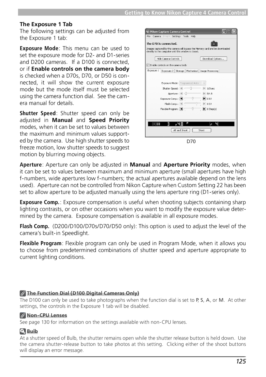 Nikon 4 user manual 125, Exposure 1 Tab, Following settings can be adjusted from the Exposure 1 tab, Non-CPU Lenses, Bulb 