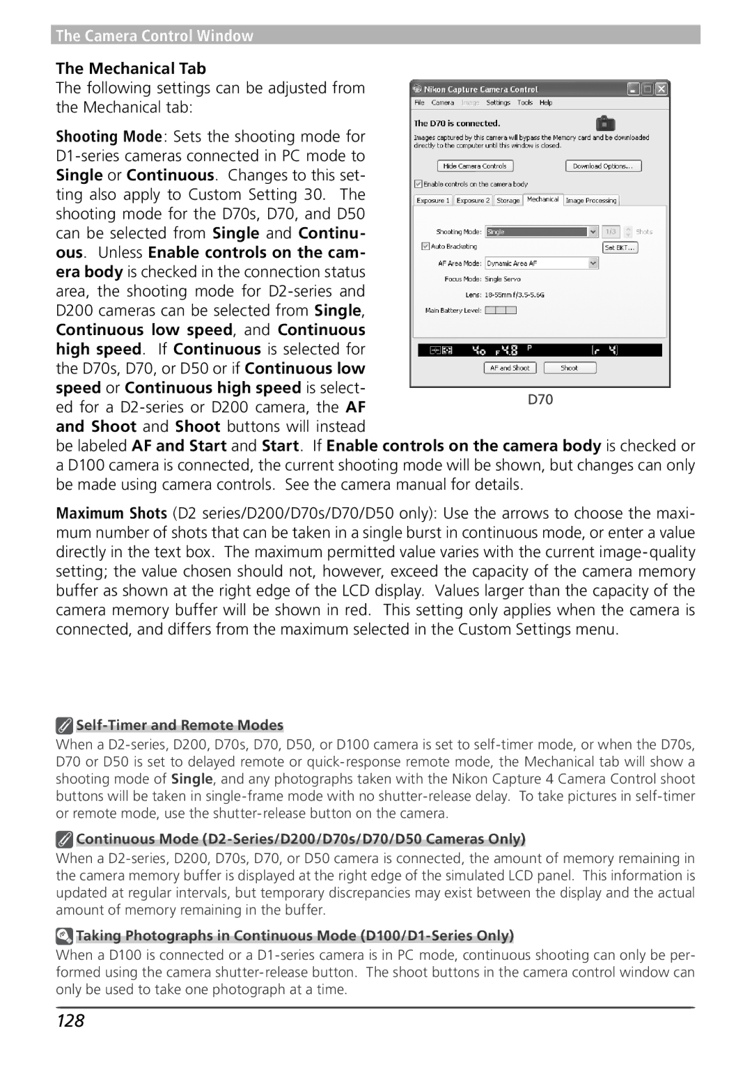 Nikon 4 user manual 128, Mechanical Tab, Following settings can be adjusted from the Mechanical tab 