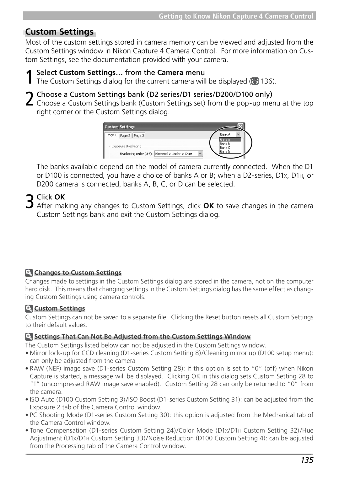 Nikon 4 user manual 135, Select Custom Settings… from the Camera menu, Changes to Custom Settings 