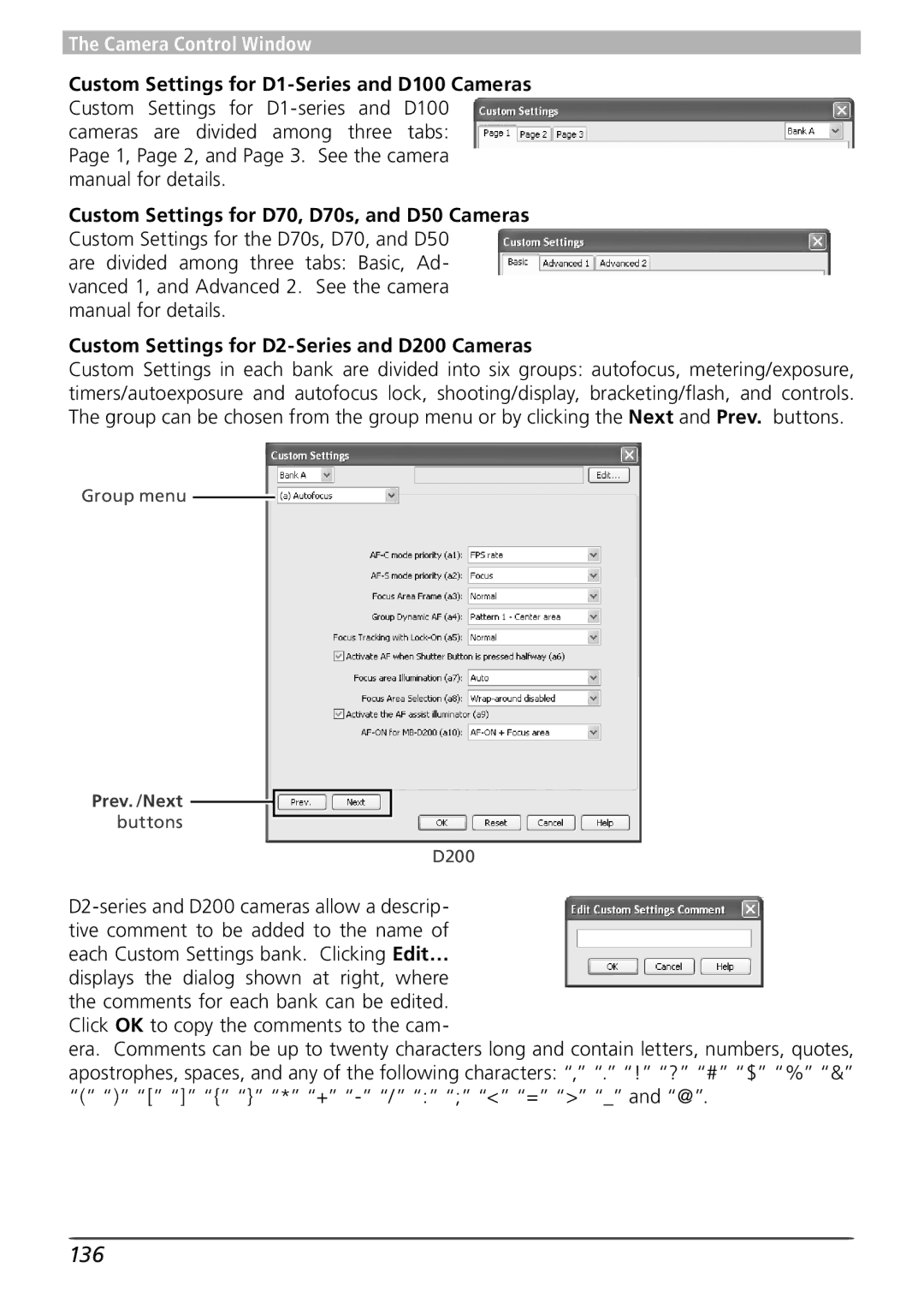 Nikon 4 136, 1, Page 2, and Page 3. See the camera manual for details, Custom Settings for D70, D70s, and D50 Cameras 