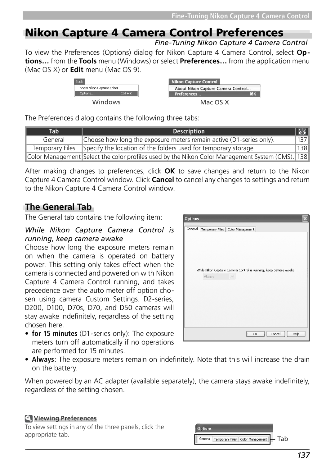 Nikon user manual Nikon Capture 4 Camera Control Preferences, 137, Fine-Tuning Nikon Capture 4 Camera Control 