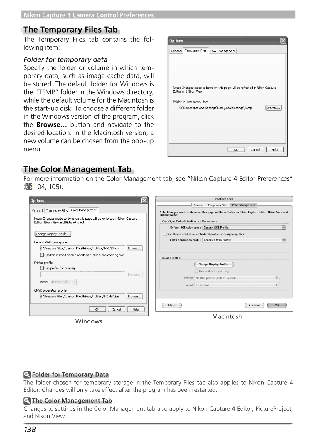 Nikon 4 user manual Color Management Tab, 138, Temporary Files tab contains the fol- lowing item, Folder for Temporary Data 