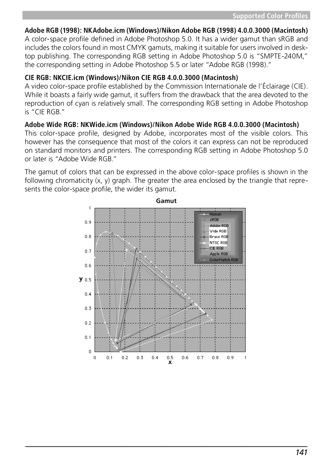 Nikon user manual 141, CIE RGB NKCIE.icm Windows/Nikon CIE RGB 4.0.0.3000 Macintosh 