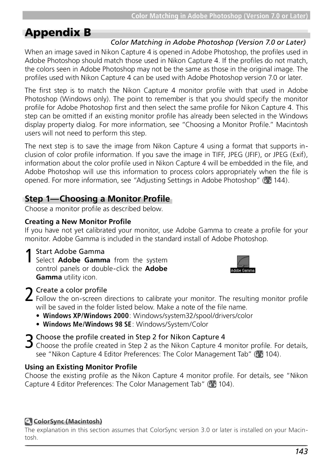 Nikon user manual Appendix B, Choosing a Monitor Proﬁle, 143 