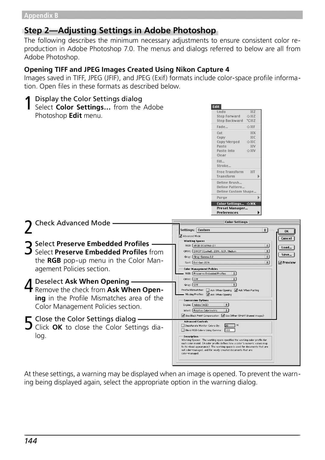 Nikon user manual Adjusting Settings in Adobe Photoshop, 144, Opening Tiff and Jpeg Images Created Using Nikon Capture 