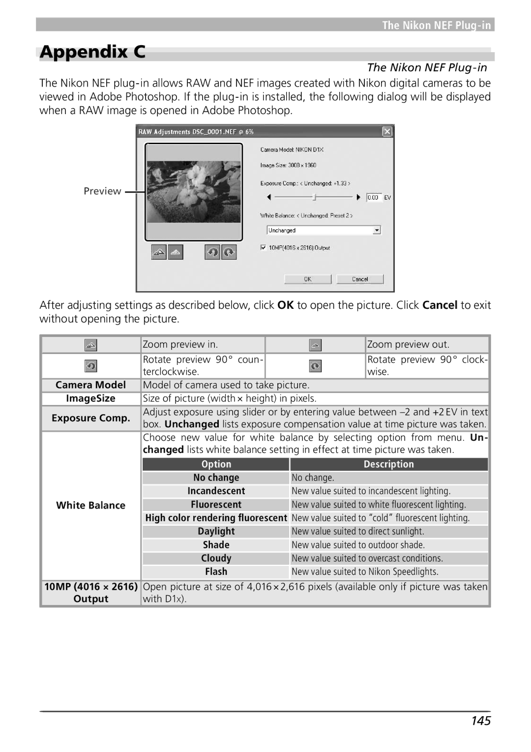 Nikon user manual Appendix C, 145, Nikon NEF Plug-in 