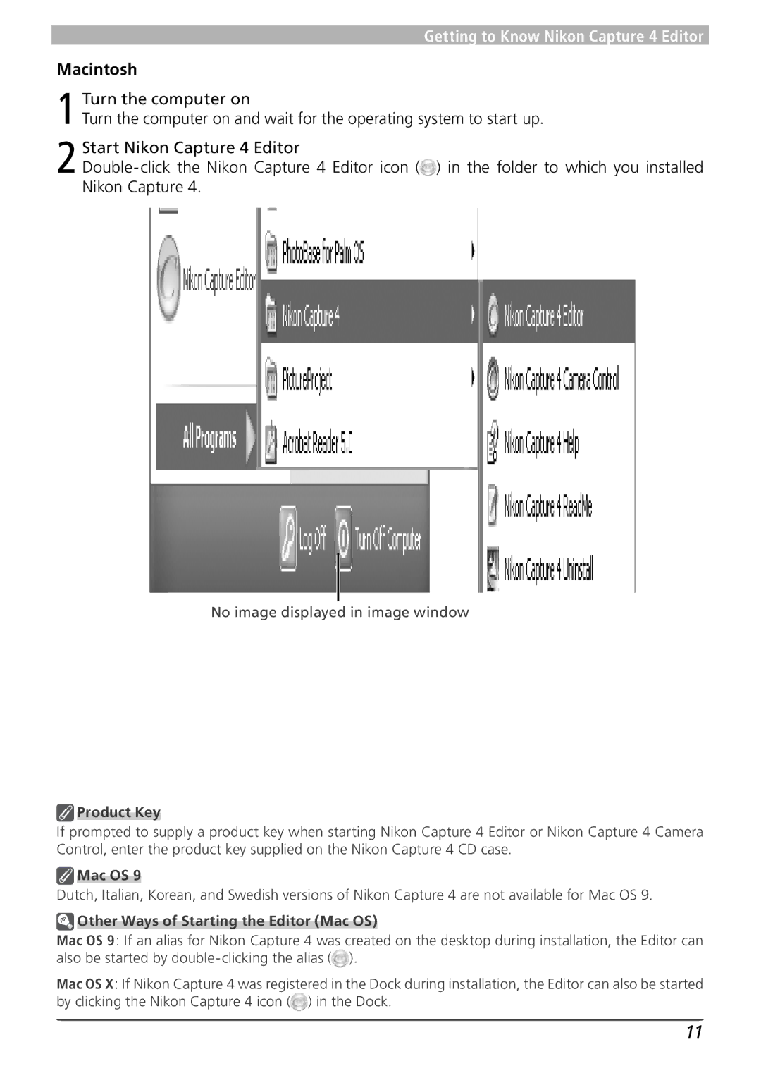 Nikon 4 user manual Macintosh, Product Key, Other Ways of Starting the Editor Mac OS 