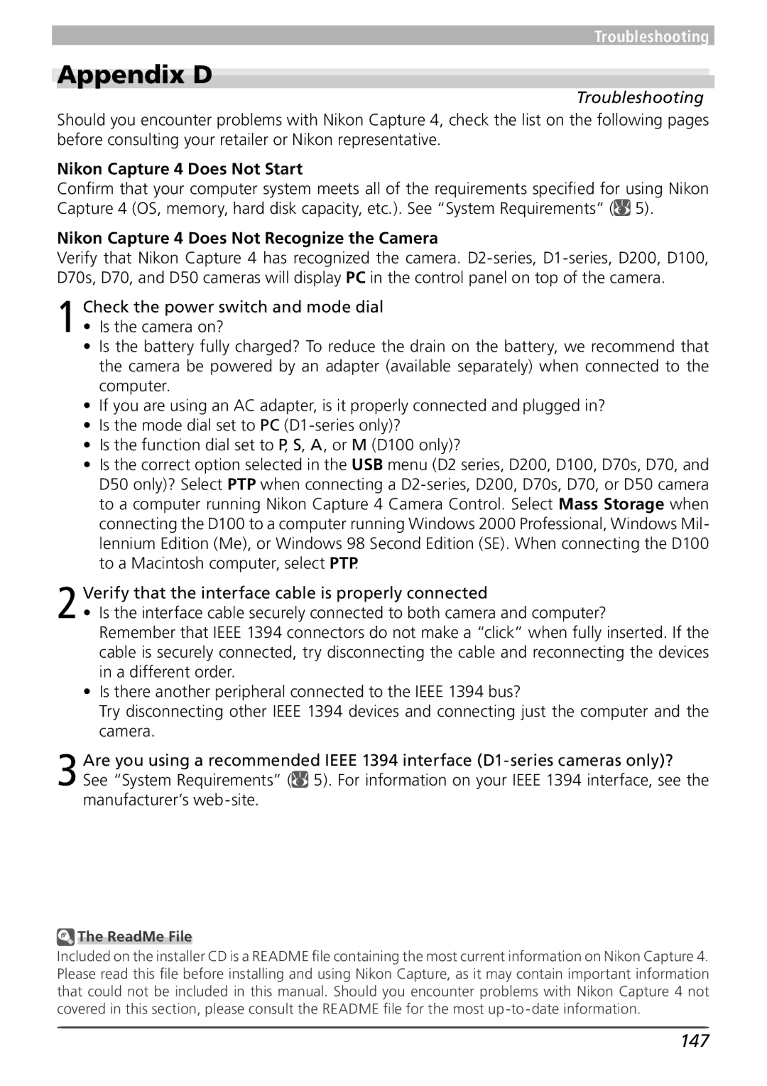 Nikon Appendix D, 147, Troubleshooting, Nikon Capture 4 Does Not Start, Nikon Capture 4 Does Not Recognize the Camera 