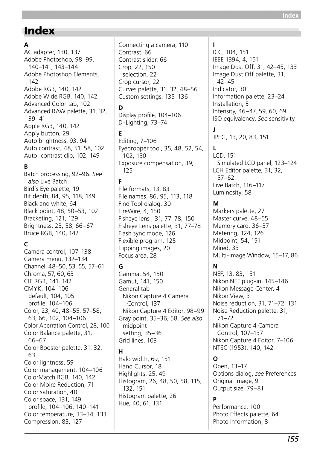 Nikon 4 user manual Index, 155, JPEG, 13, 20, 83 LCD, 57-62 