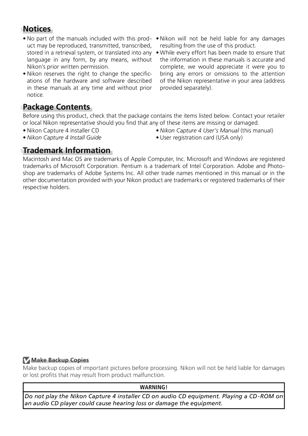 Nikon 4 user manual Package Contents, Trademark Information 