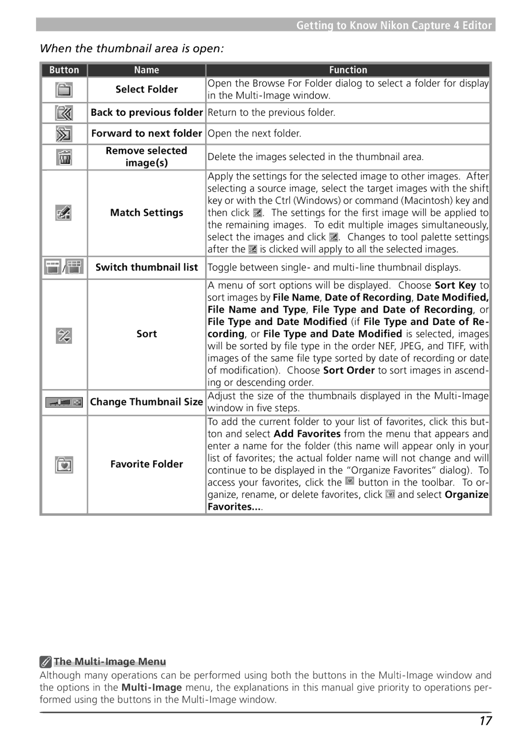 Nikon 4 user manual When the thumbnail area is open, Button, Multi-Image Menu 