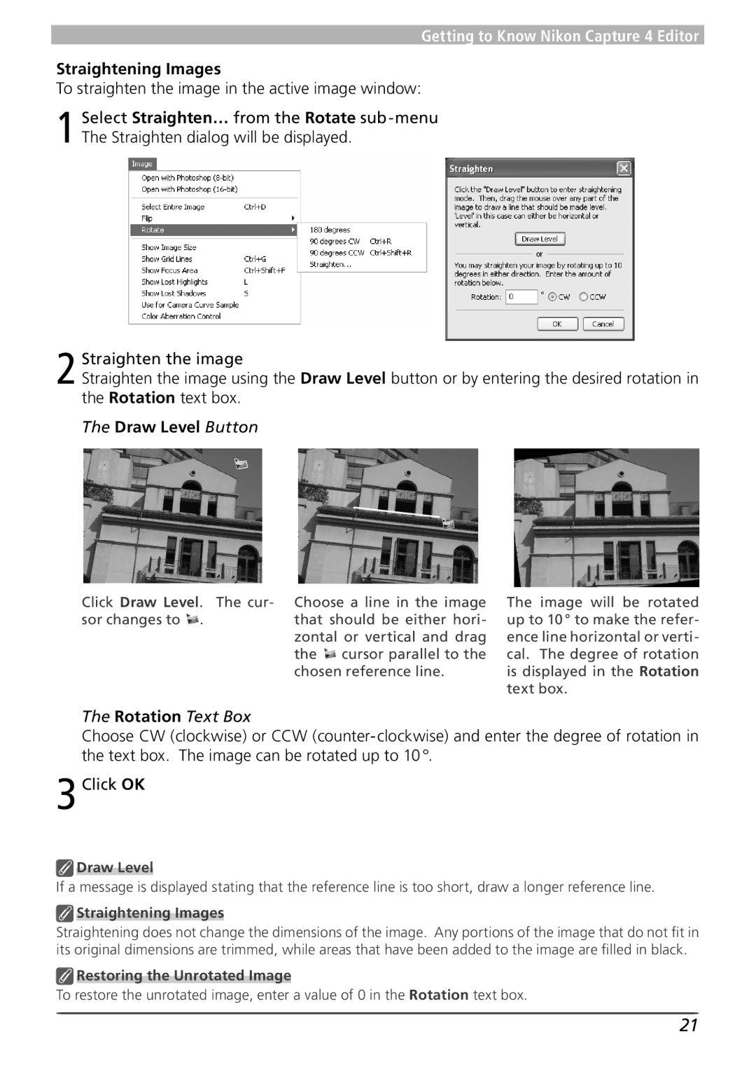 Nikon 4 user manual Straightening Images, Draw Level Button, Rotation Text Box 