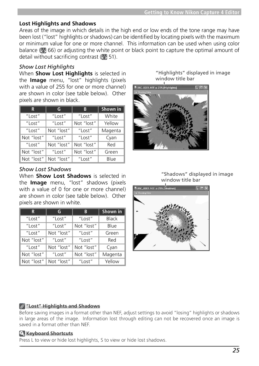 Nikon 4 user manual Lost Highlights and Shadows, Show Lost Highlights, Show Lost Shadows, Keyboard Shortcuts 