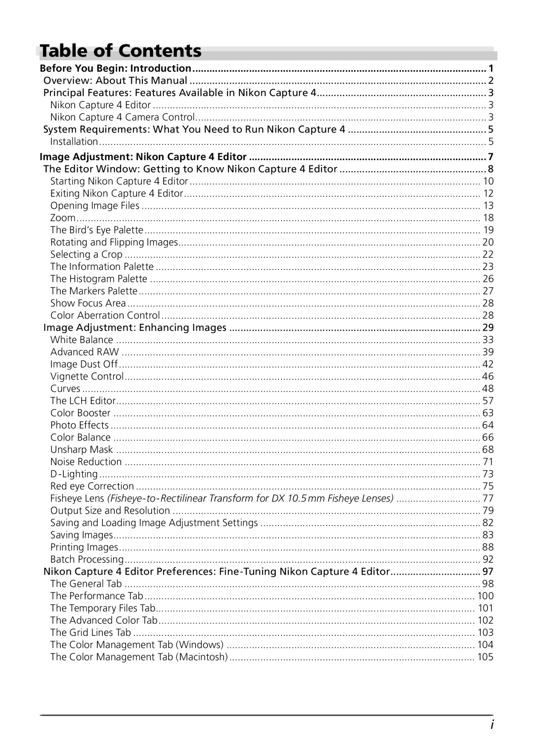 Nikon 4 user manual Table of Contents 