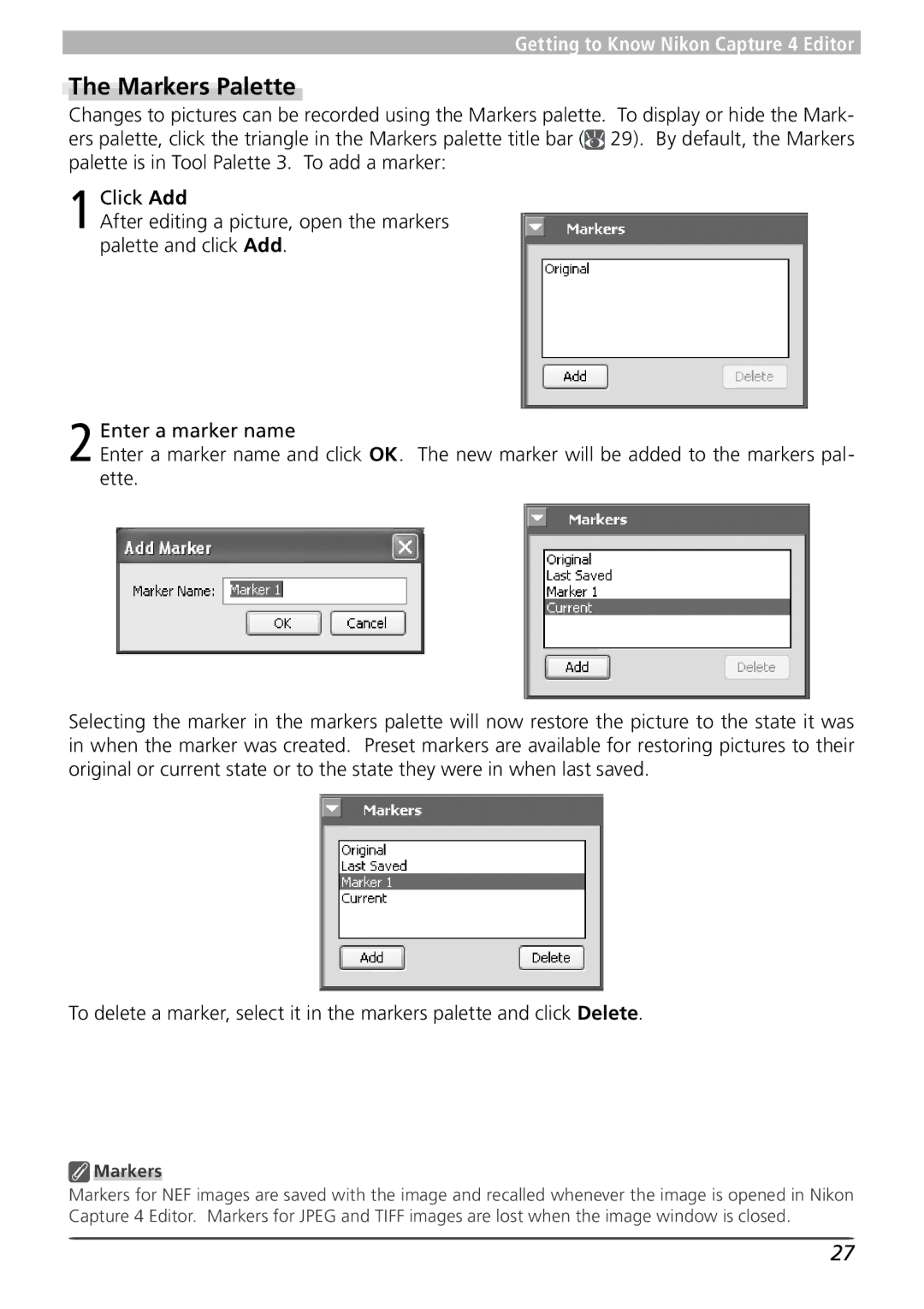 Nikon 4 user manual Markers Palette, To display or hide the Mark- 29. By default, the Markers 