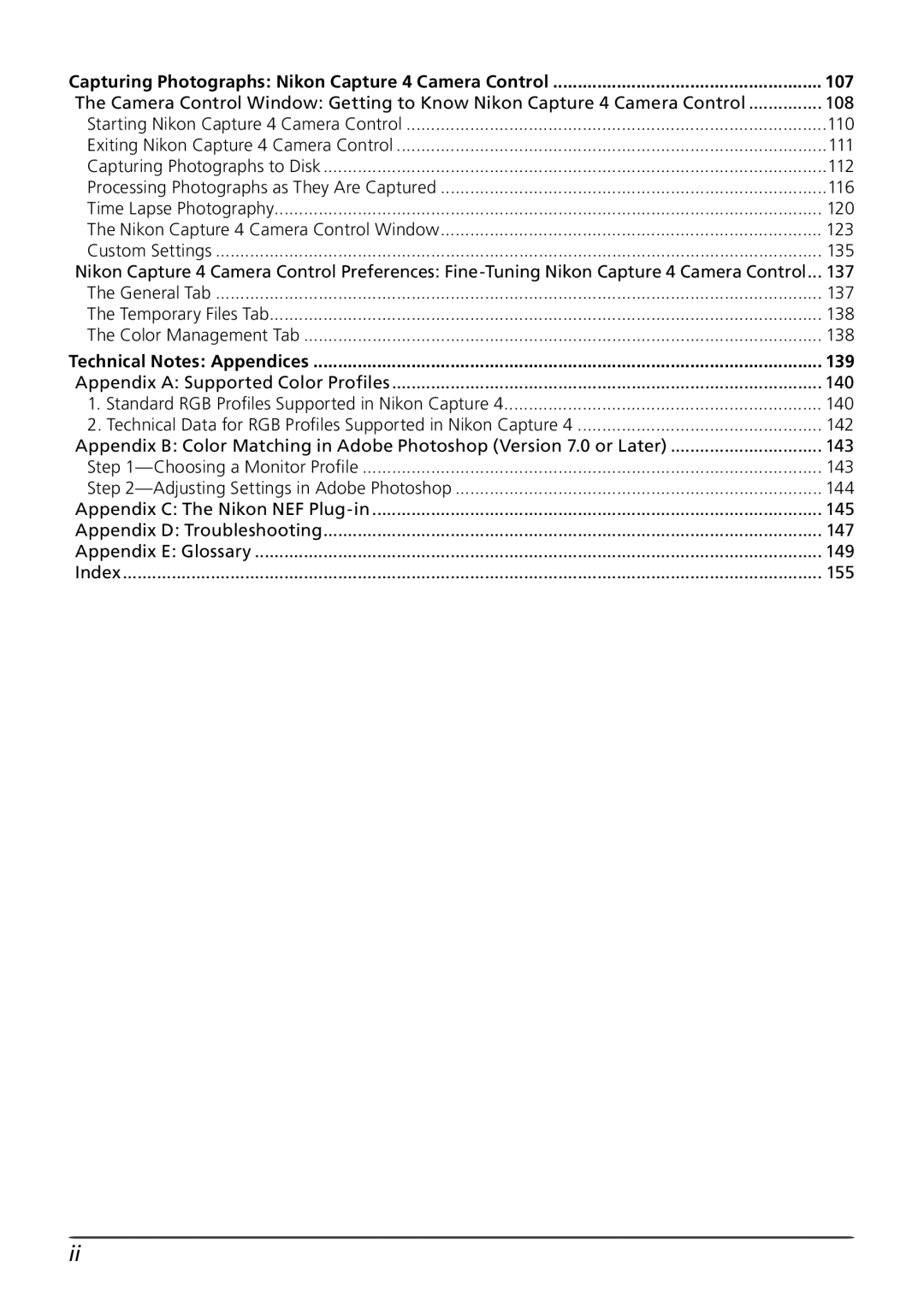 Nikon user manual 116, Color Management Tab 138, Appendix a Supported Color Proﬁles 140, 142, 144 