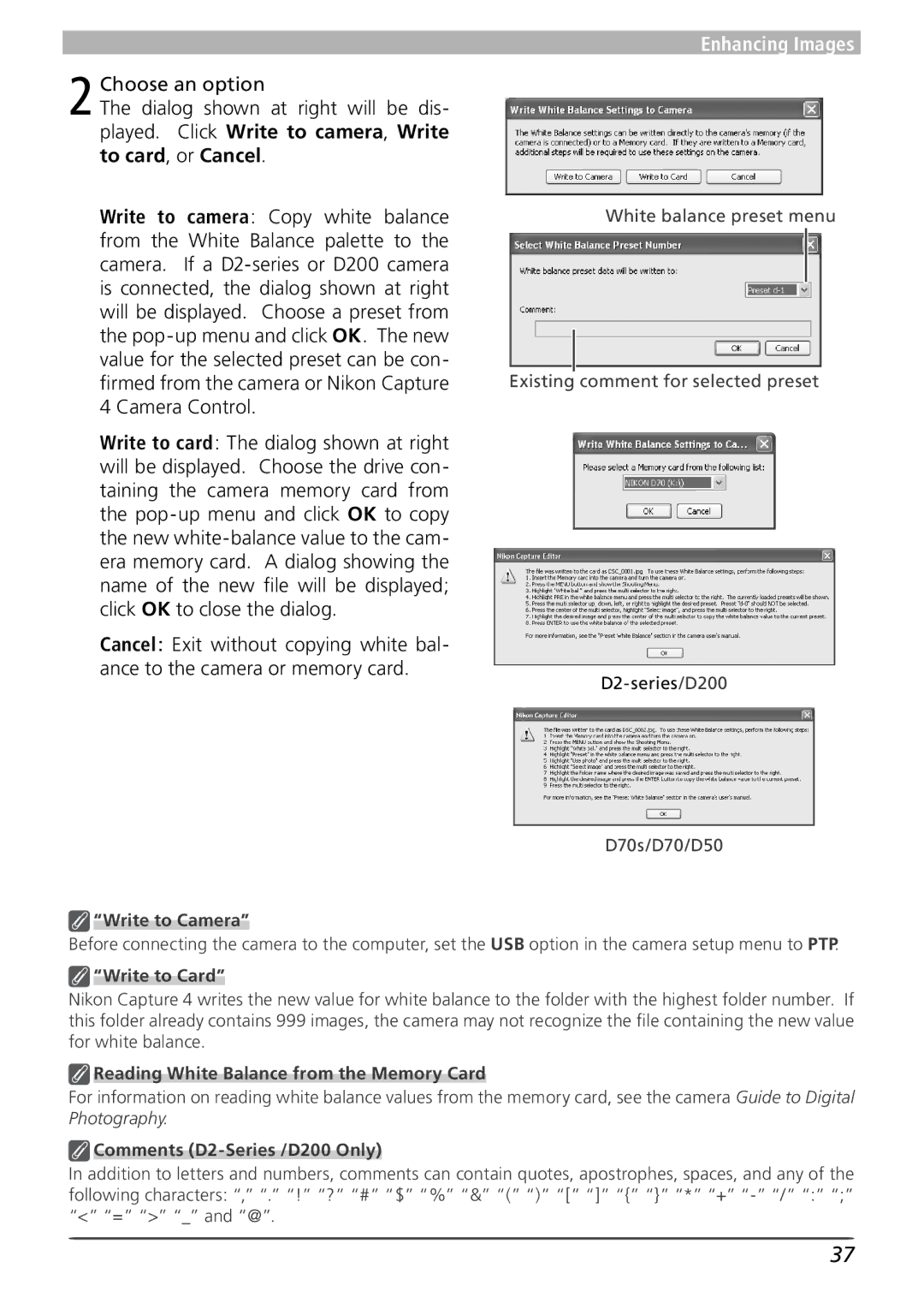 Nikon 4 user manual Write to Camera, D2-series/D200, Write to Card, Reading White Balance from the Memory Card 