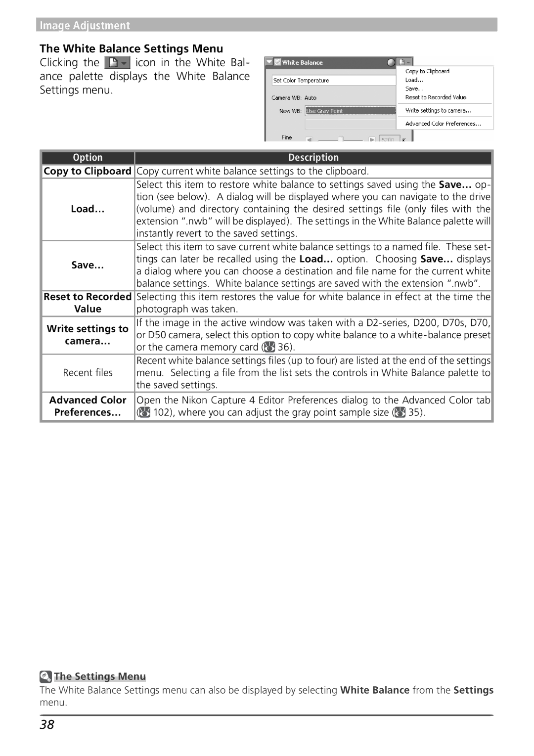 Nikon 4 user manual White Balance Settings Menu, Option Description 