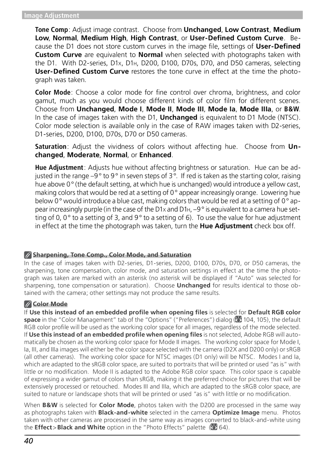 Nikon 4 user manual Sharpening, Tone Comp., Color Mode, and Saturation 