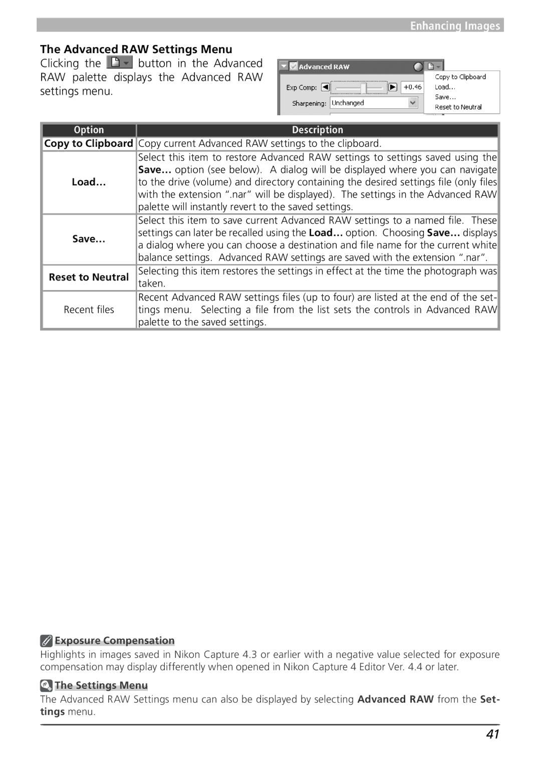 Nikon 4 user manual Advanced RAW Settings Menu, Exposure Compensation 