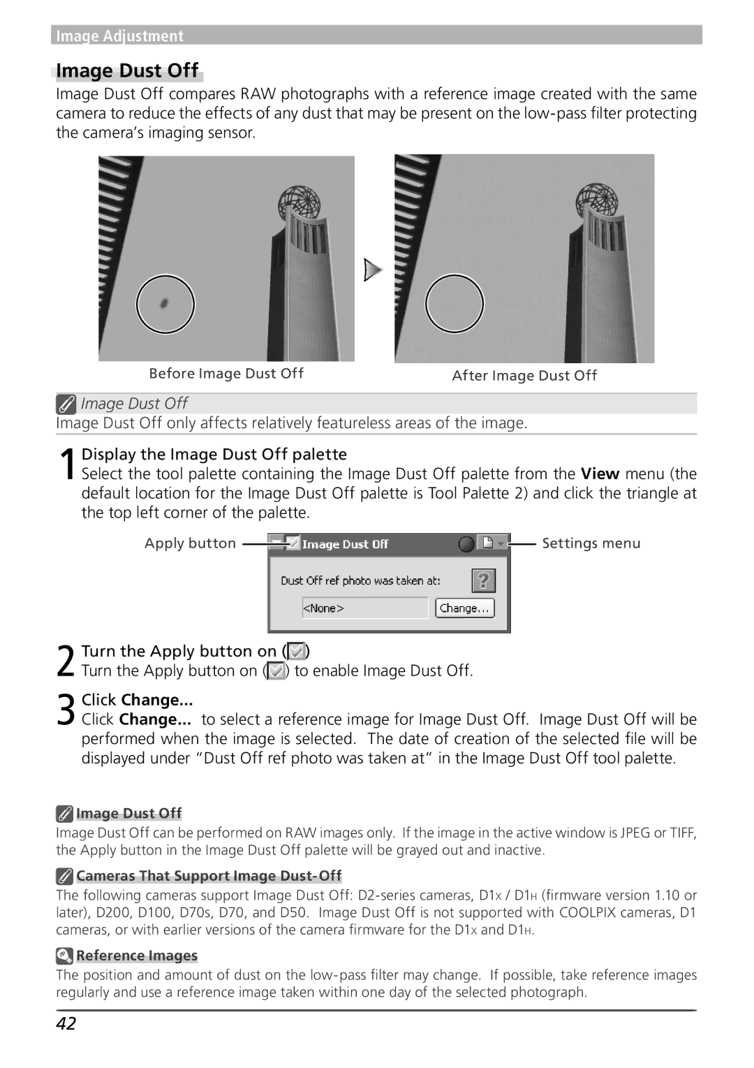 Nikon 4 user manual Image Dust Off, Click Change, Cameras That Support Image Dust-Off, Reference Images 