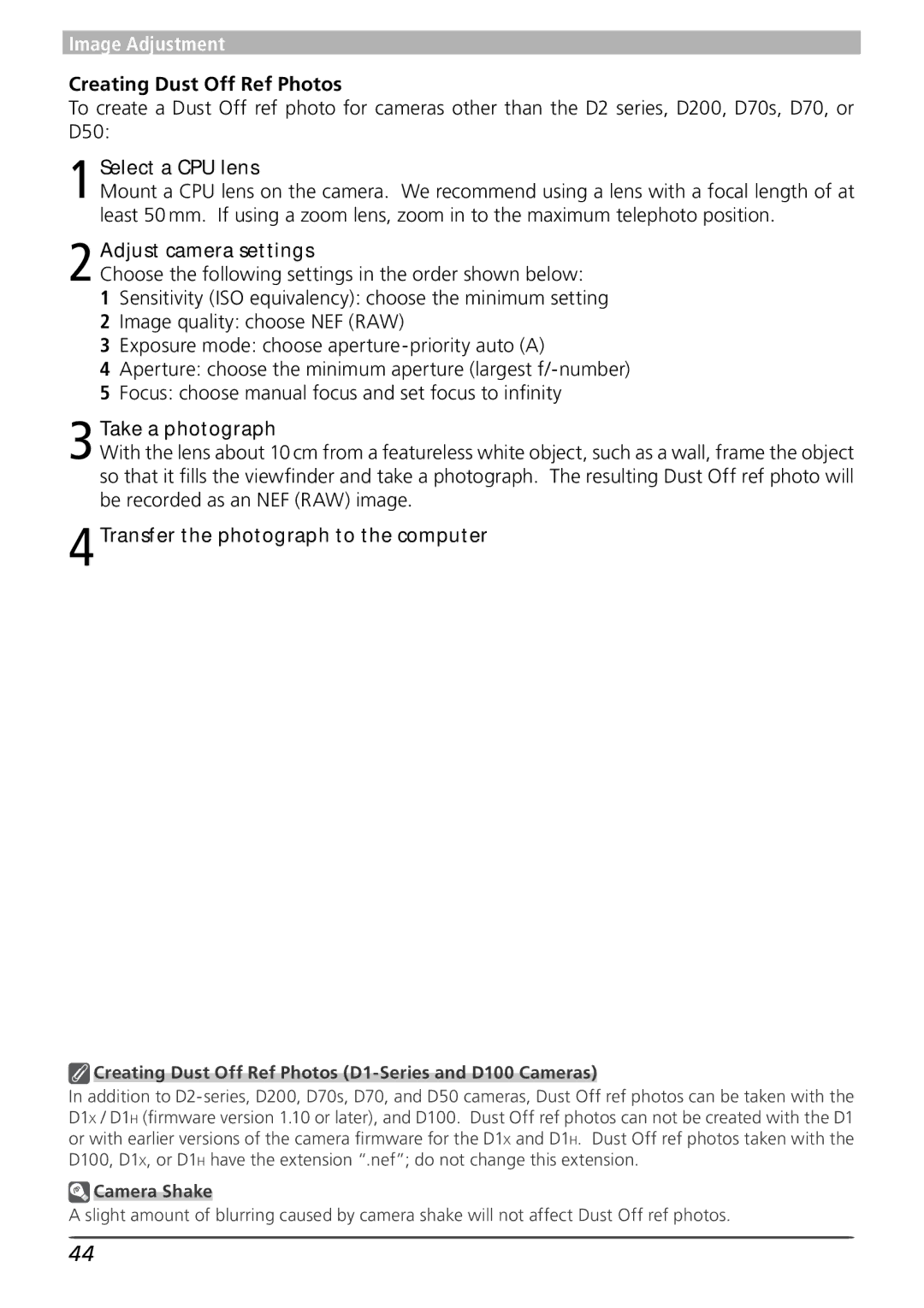 Nikon 4 user manual Creating Dust Off Ref Photos D1-Series and D100 Cameras, Camera Shake 